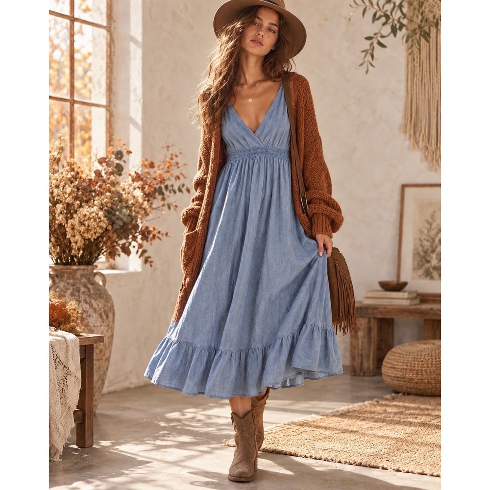 Boho Dress 16 Babydoll Midi 100% Cotton Blue Ruffle Coastal Granola Prairie Tier